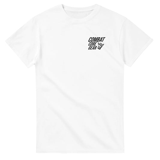 White t-shirt with Combat Core Gear text logo and tactical shaka glove on the left chest – clean front design