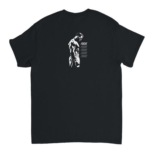 Muscular boxer staring down with intense focus, the word 'FOCUS' beneath his gaze – powerful back print on Combat Core Gear t-shirt