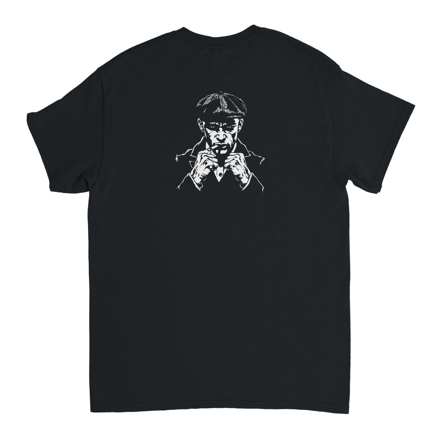 Man in fighting stance with his guard up and an intense, aggressive gaze – dynamic back print on Combat Core Gear t-shirt