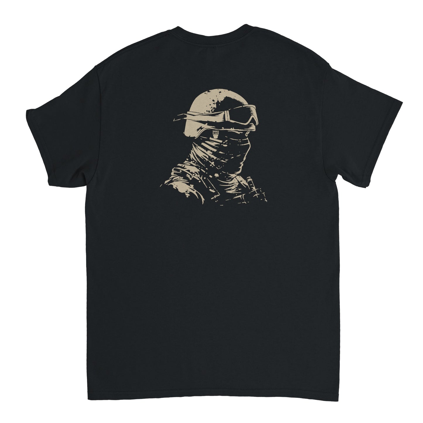 Masked tactical operator wearing helmet and goggles, minimalist desert-style back print on black Combat Core Gear t-shirt