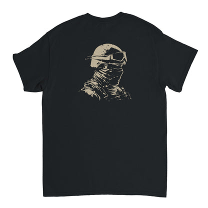 Masked tactical operator wearing helmet and goggles, minimalist desert-style back print on black Combat Core Gear t-shirt