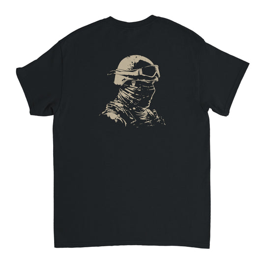 Masked tactical operator wearing helmet and goggles, minimalist desert-style back print on black Combat Core Gear t-shirt