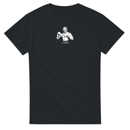 Vintage-style boxer with mustache and tactical pose wearing a shirt with CCG logo on the chest – Combat Core Gear front print design