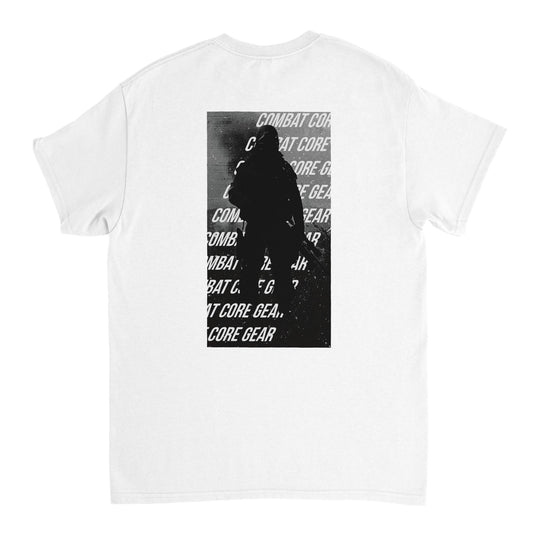 Silhouetted tactical operator with rifle over repeated Combat Core Gear text – black and white back print on t-shirt