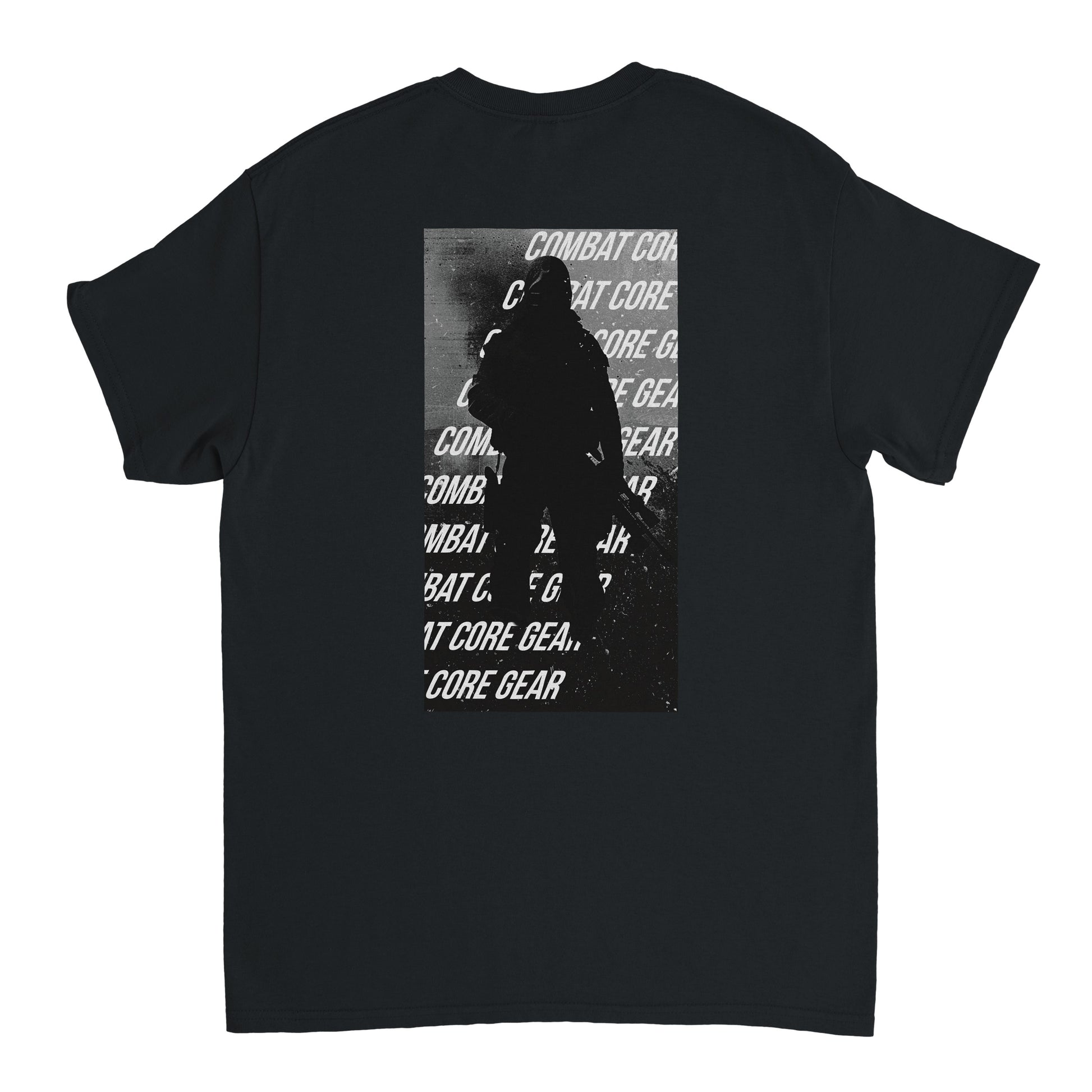 Silhouetted tactical operator with rifle over repeated Combat Core Gear text – black and white back print on t-shirt"