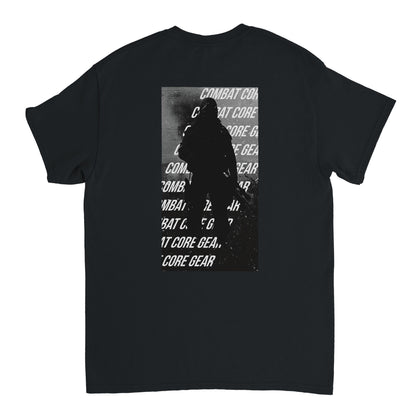 Silhouetted tactical operator with rifle over repeated Combat Core Gear text – black and white back print on t-shirt"