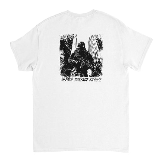 Tactical operator in urban environment with rifle and the words 'Silence. Violence. Silence.' beneath – bold back print on white Combat Core Gear t-shirt