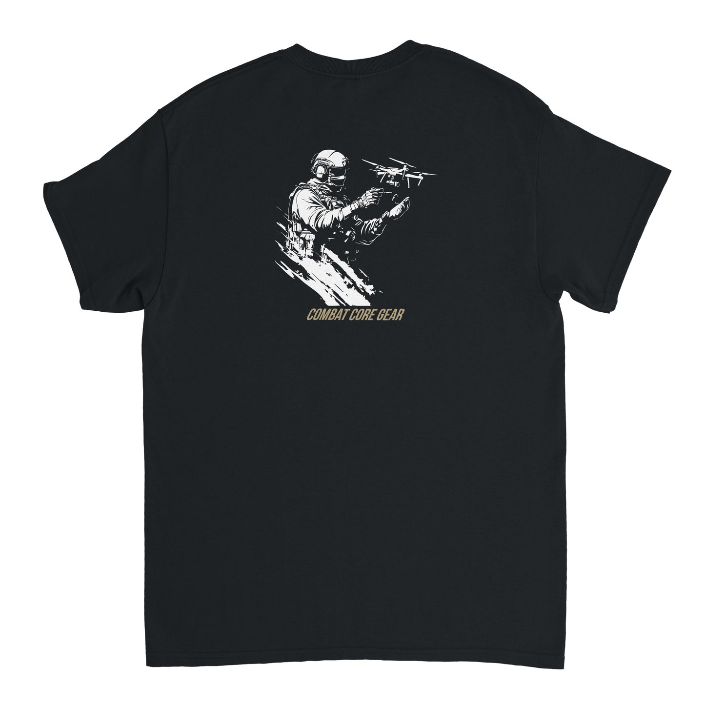 Drone operator in tactical gear launching UAV – Combat Core Gear t-shirt design