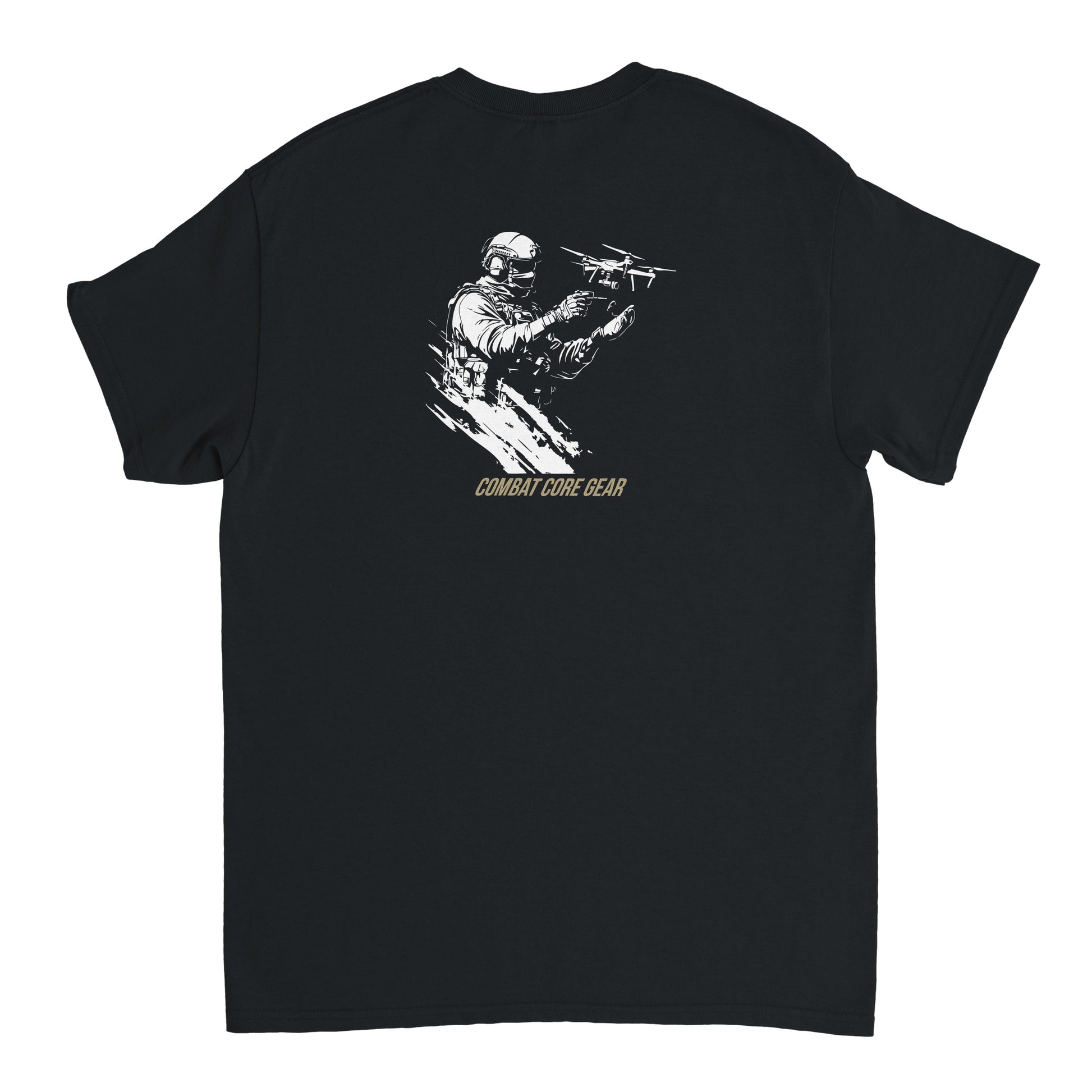 Drone operator in tactical gear launching UAV – Combat Core Gear t-shirt design