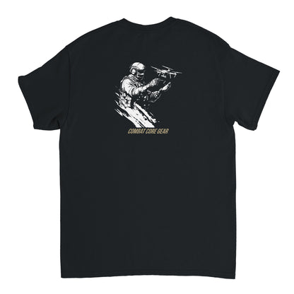 Drone operator in tactical gear launching UAV – Combat Core Gear t-shirt design