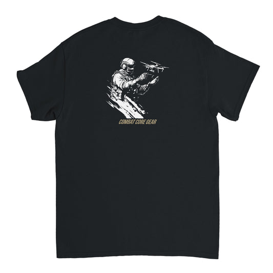 Drone operator in tactical gear launching UAV – Combat Core Gear t-shirt design
